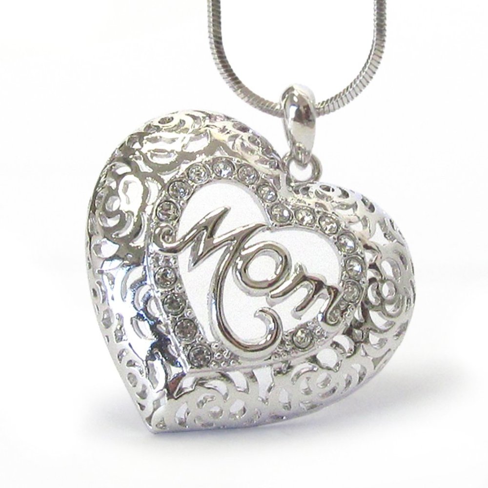 Mother's Day White Gold Plated and Crystal Mom Necklace